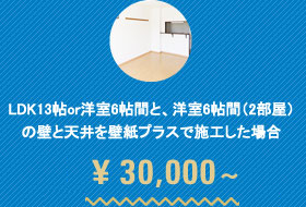 LDK13帖or洋室6帖間と、洋室6帖間（2部屋）の壁と天井をクロス8工法で施工した場合